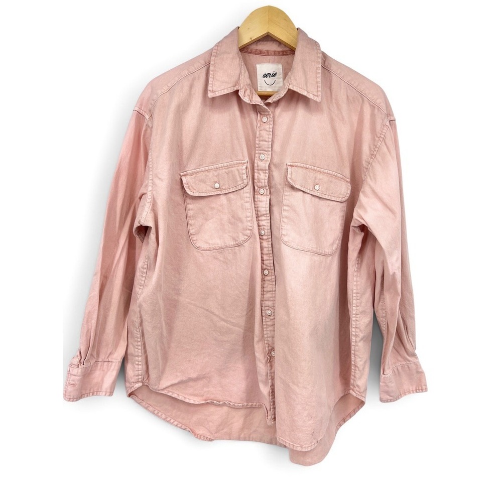 Aerie Pink Denim Button Down Shirt Oversized Long Sleeve Shacket Small